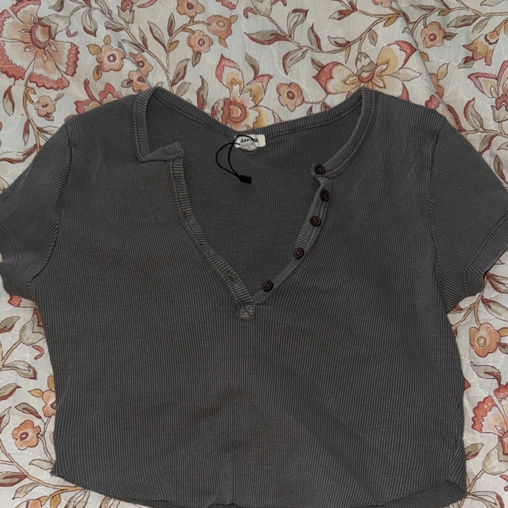 Garage Charcoal Button-Up Crop Top